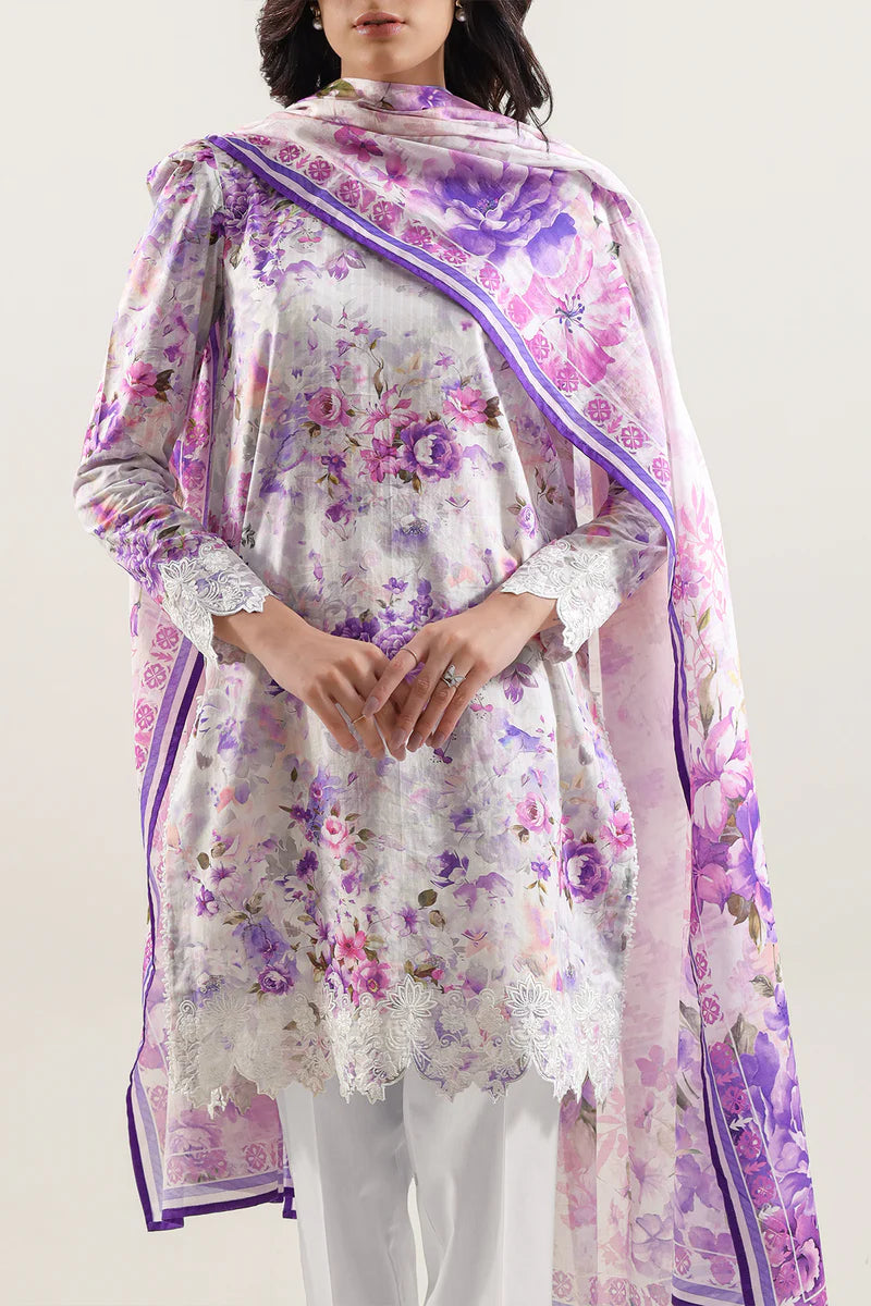 Unstitched Printed Embroidered Strip Lawn 3 Piece