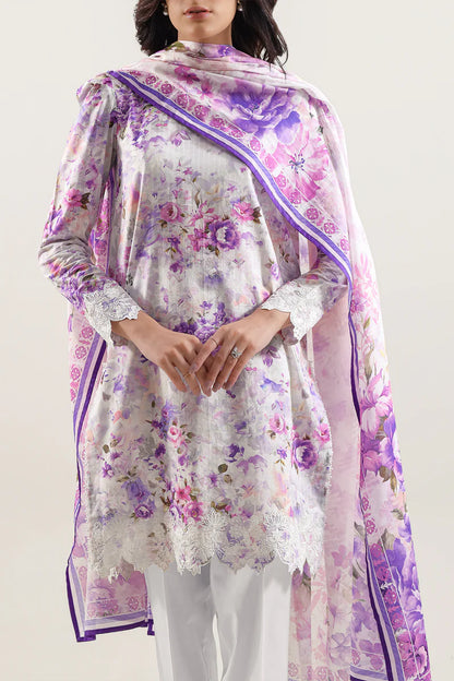 Unstitched Printed Embroidered Strip Lawn 3 Piece