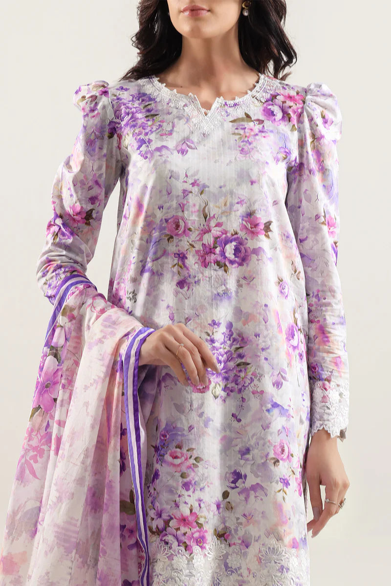 Unstitched Printed Embroidered Strip Lawn 3 Piece