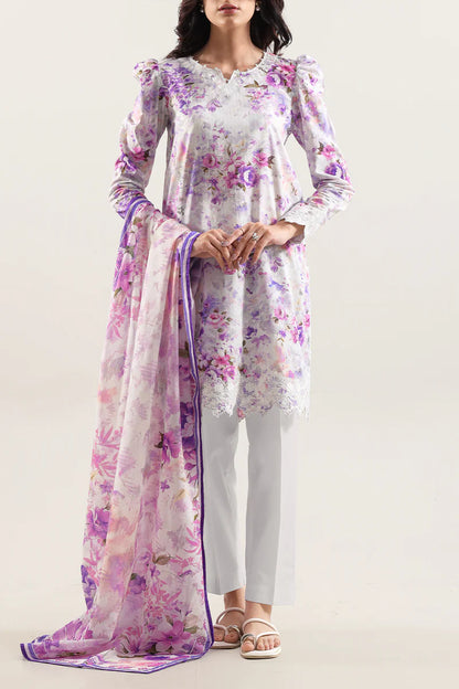 Unstitched Printed Embroidered Strip Lawn 3 Piece