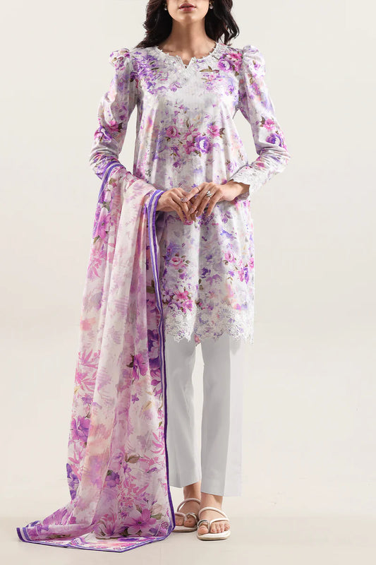 Unstitched Printed Embroidered Strip Lawn 3 Piece