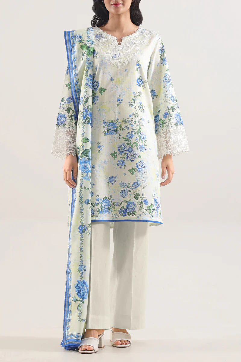 Unstitched Printed Embroidered Strip Lawn 3 Piece