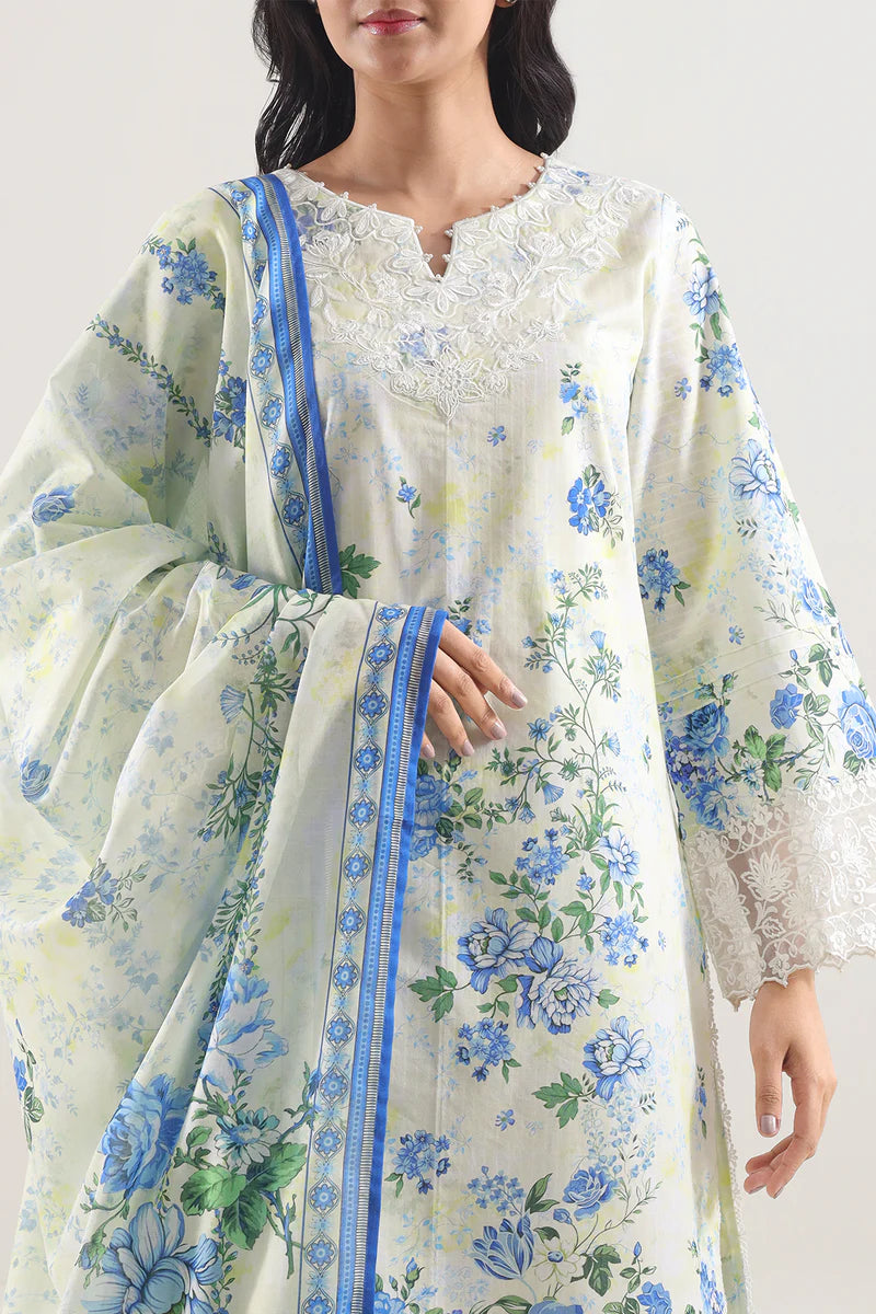 Unstitched Printed Embroidered Strip Lawn 3 Piece