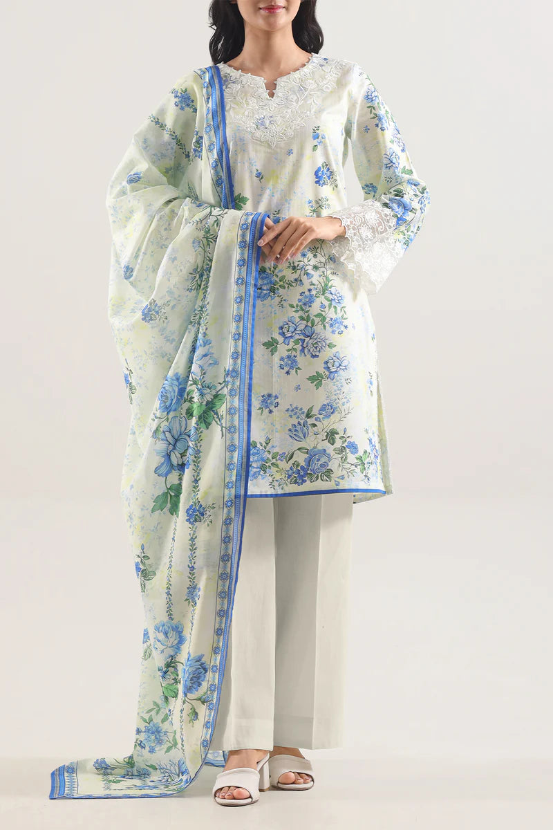 Unstitched Printed Embroidered Strip Lawn 3 Piece