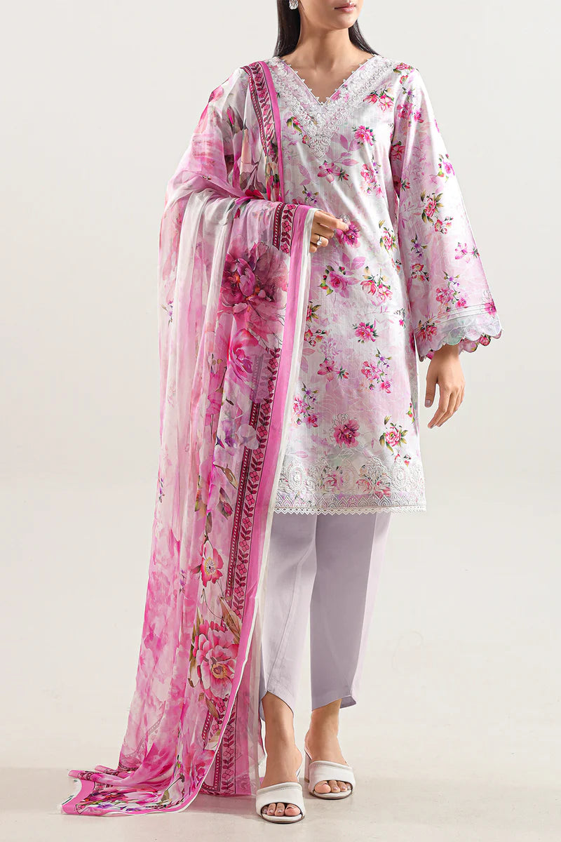 Unstitched Printed Embroidered Strip Lawn 3 Piece