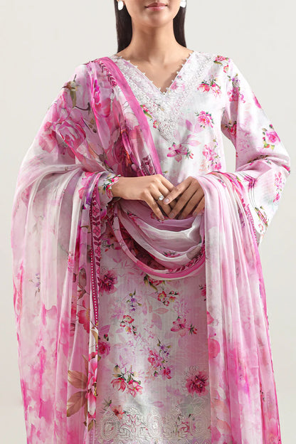 Unstitched Printed Embroidered Strip Lawn 3 Piece