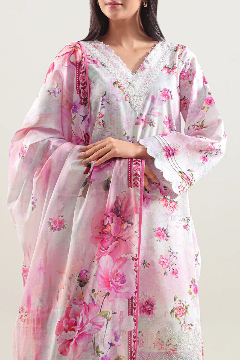 Unstitched Printed Embroidered Strip Lawn 3 Piece