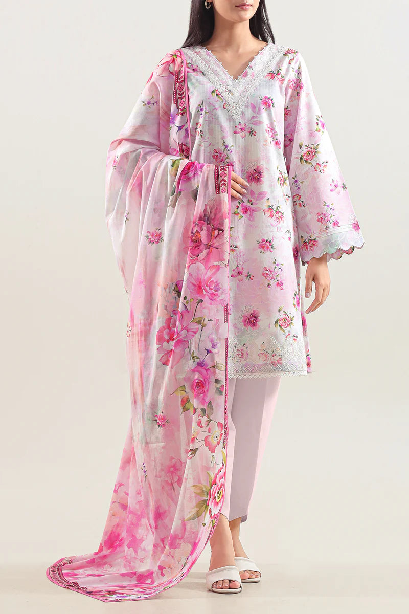 Unstitched Printed Embroidered Strip Lawn 3 Piece