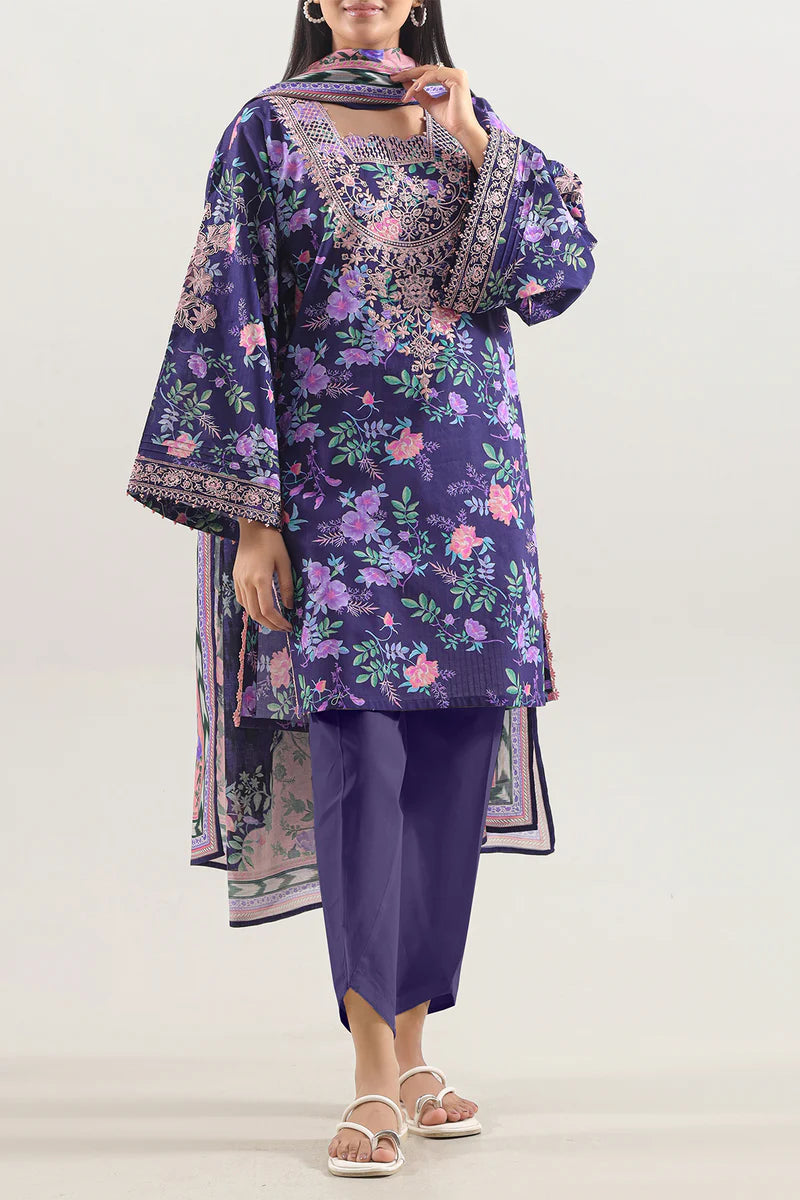 Unstitched Printed Embroidered Strip Lawn 3 Piece