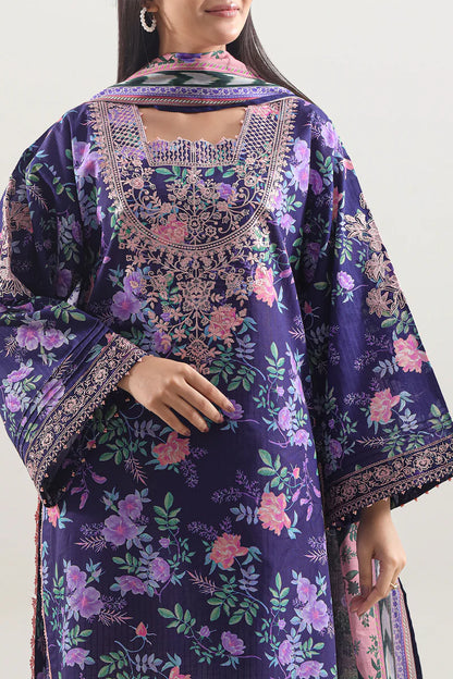 Unstitched Printed Embroidered Strip Lawn 3 Piece