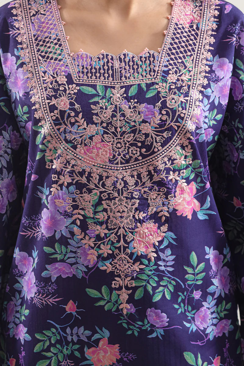 Unstitched Printed Embroidered Strip Lawn 3 Piece