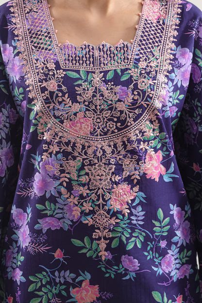 Unstitched Printed Embroidered Strip Lawn 3 Piece