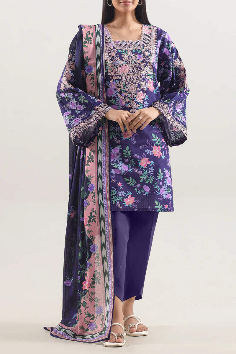 Unstitched Printed Embroidered Strip Lawn 3 Piece