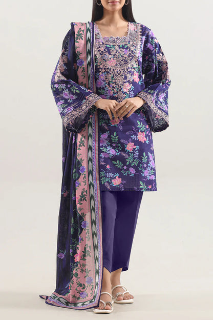 Unstitched Printed Embroidered Strip Lawn 3 Piece