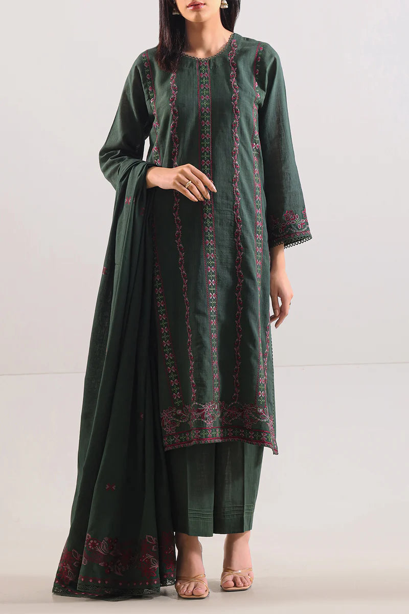 Unstitched Solid Embroidered Cotton Khaddar 3 Piece