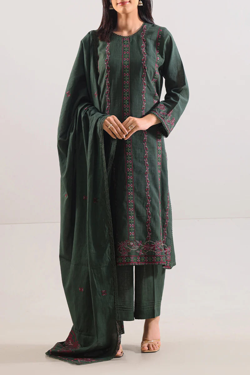 Unstitched Solid Embroidered Cotton Khaddar 3 Piece
