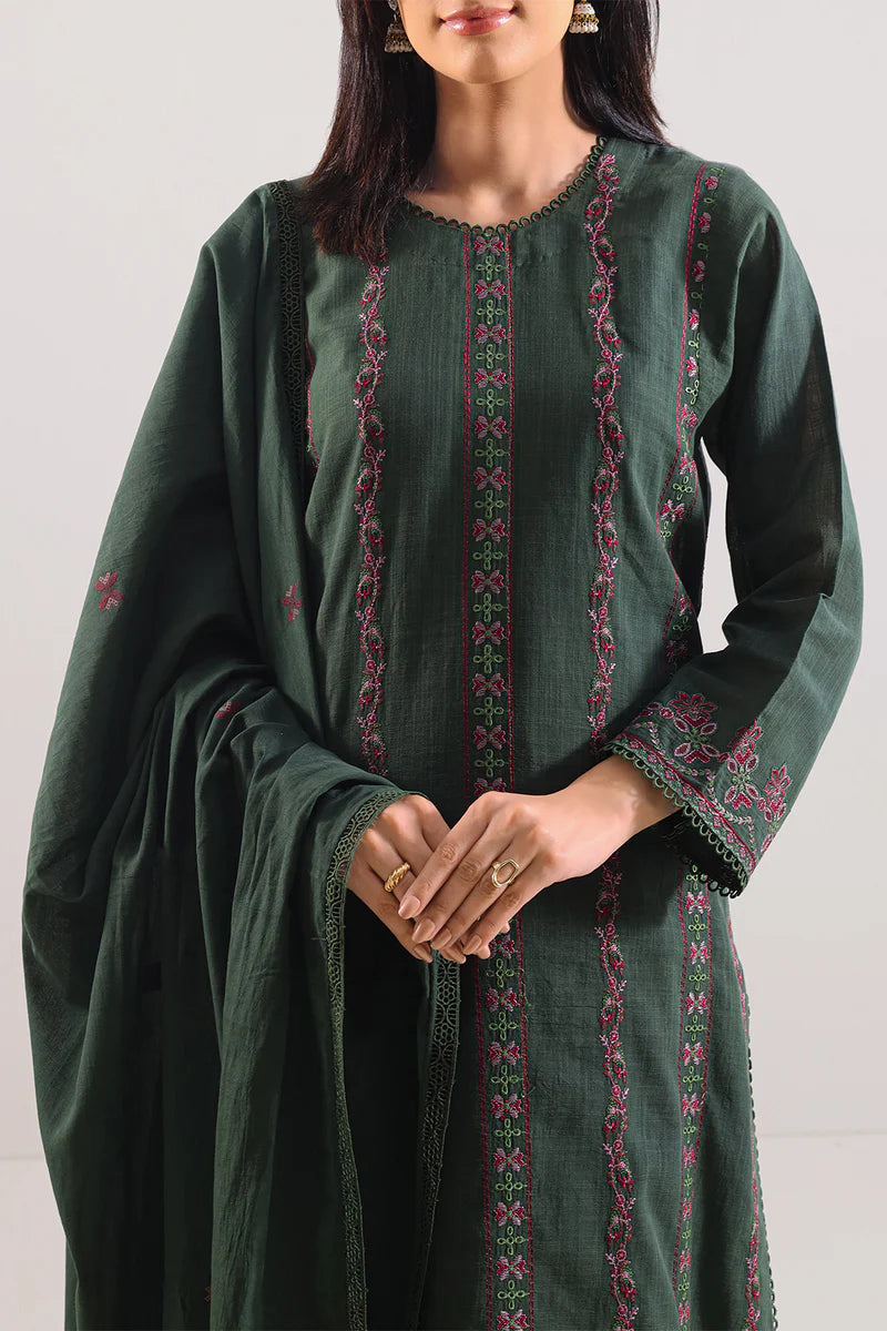 Unstitched Solid Embroidered Cotton Khaddar 3 Piece