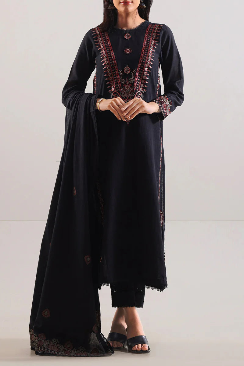 Unstitched Solid Embroidered Cotton Khaddar 3 Piece